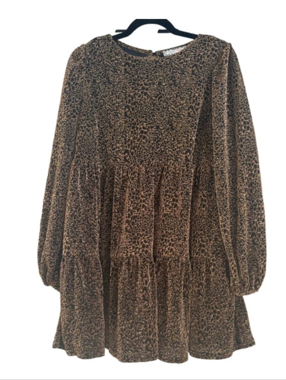 Leopard Print Long Sleeve Tiered Babydoll Dress - Metallic Gold & Black